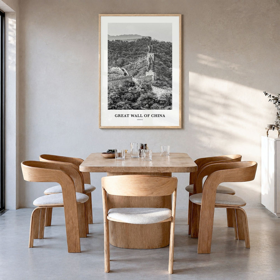 Great Wall of China Classic Poster in a natural wood frame, hanging in a dining room