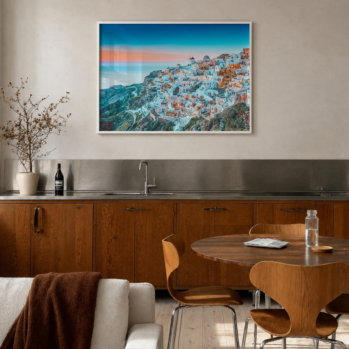 Greece colorful photo poster of Europe – horizontal wall art in white wood frame, hanging on wall