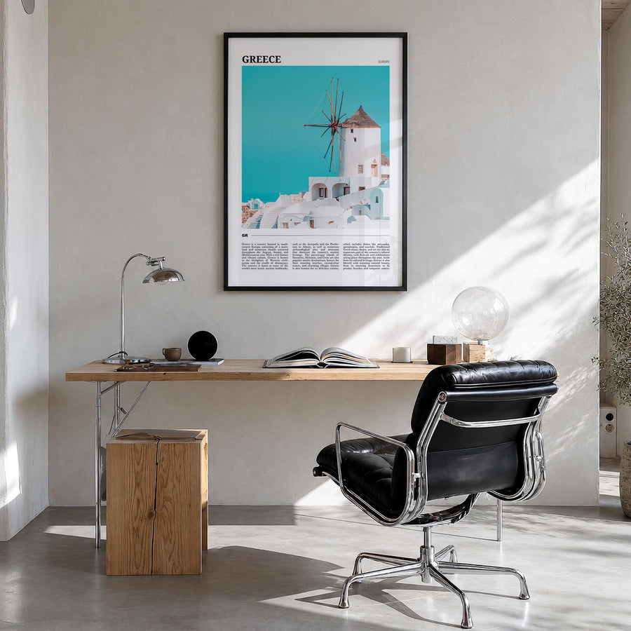 Greece colorful travel poster of Europe – vertical wall art in black wood frame, hanging on wall