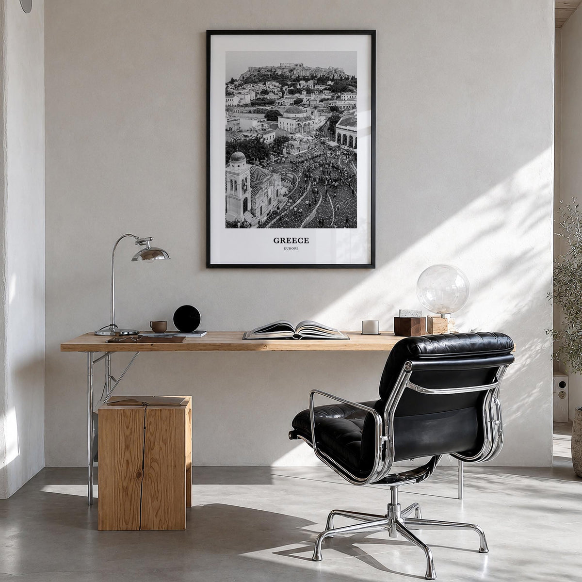 Greece no. 1 black & white classic poster of Europe – vertical wall art in black wood frame, hanging on wall