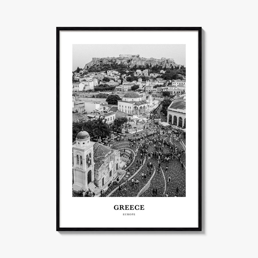 Greece no. 1 black & white classic poster of Europe – vertical wall art, unframed print shown in interior mockup