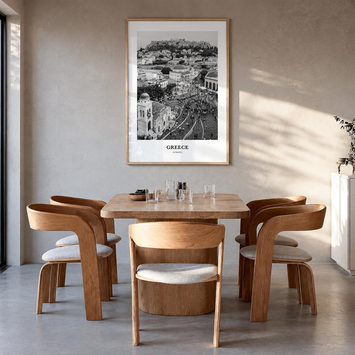 Greece no. 1 black & white classic poster of Europe – vertical wall art in natural wood frame, hanging on wall