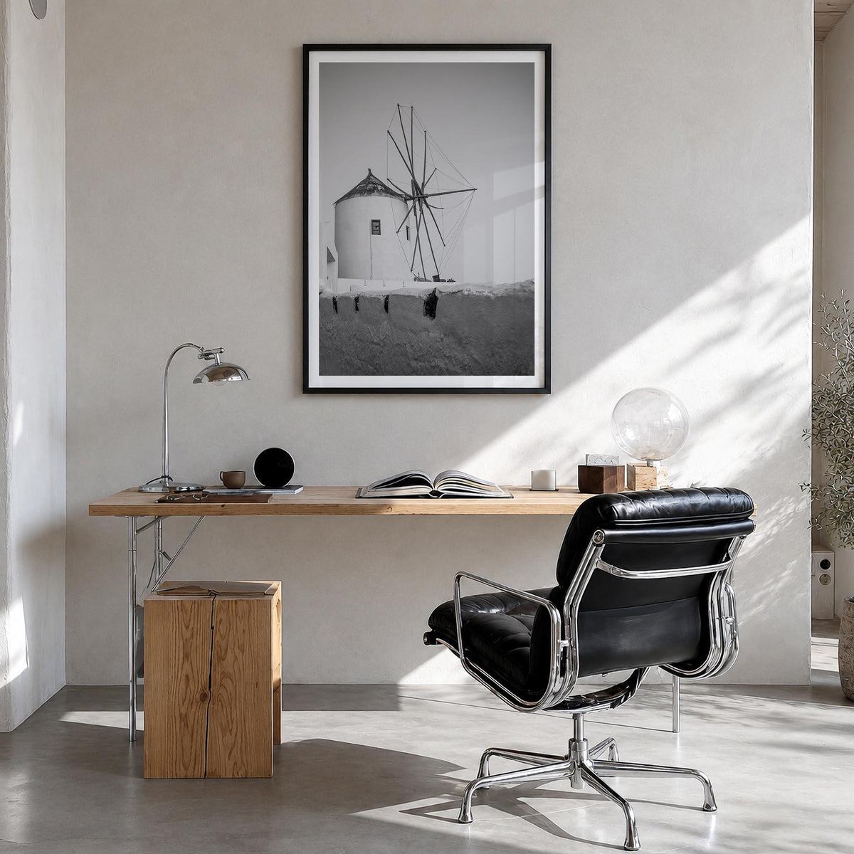 Greece no. 1 black & white photo poster of Europe – vertical wall art in black wood frame with white border, hanging on wall