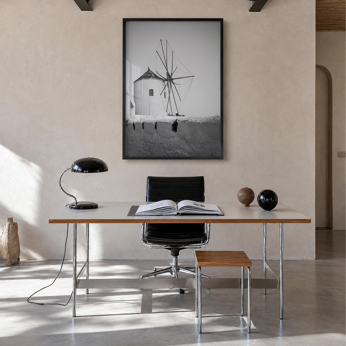 Greece no. 1 black & white photo poster of Europe – vertical wall art in black wood frame, hanging on wall