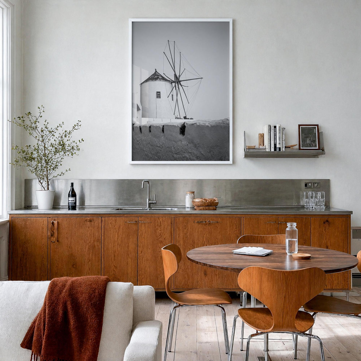 Greece no. 1 black & white photo poster of Europe – vertical wall art in white wood frame, hanging on wall