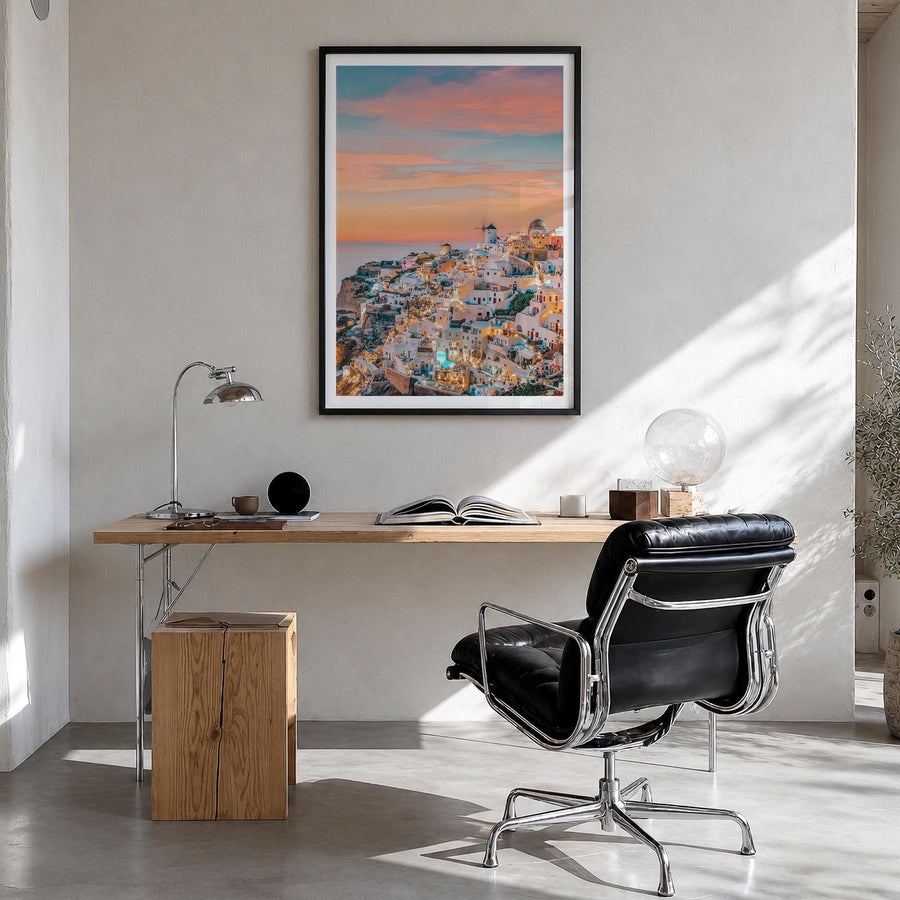 Greece no. 1 colorful photo poster of Europe – vertical wall art in black wood frame with white border, hanging on wall