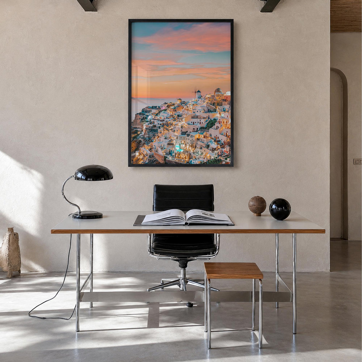 Greece no. 1 colorful photo poster of Europe – vertical wall art in black wood frame, hanging on wall