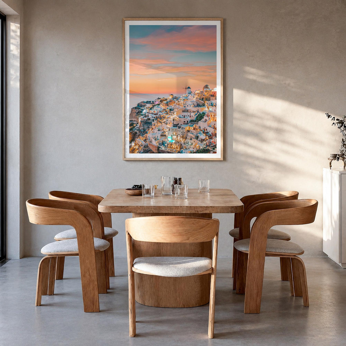 Greece no. 1 colorful photo poster of Europe – vertical wall art in natural wood frame with white border, hanging on wall