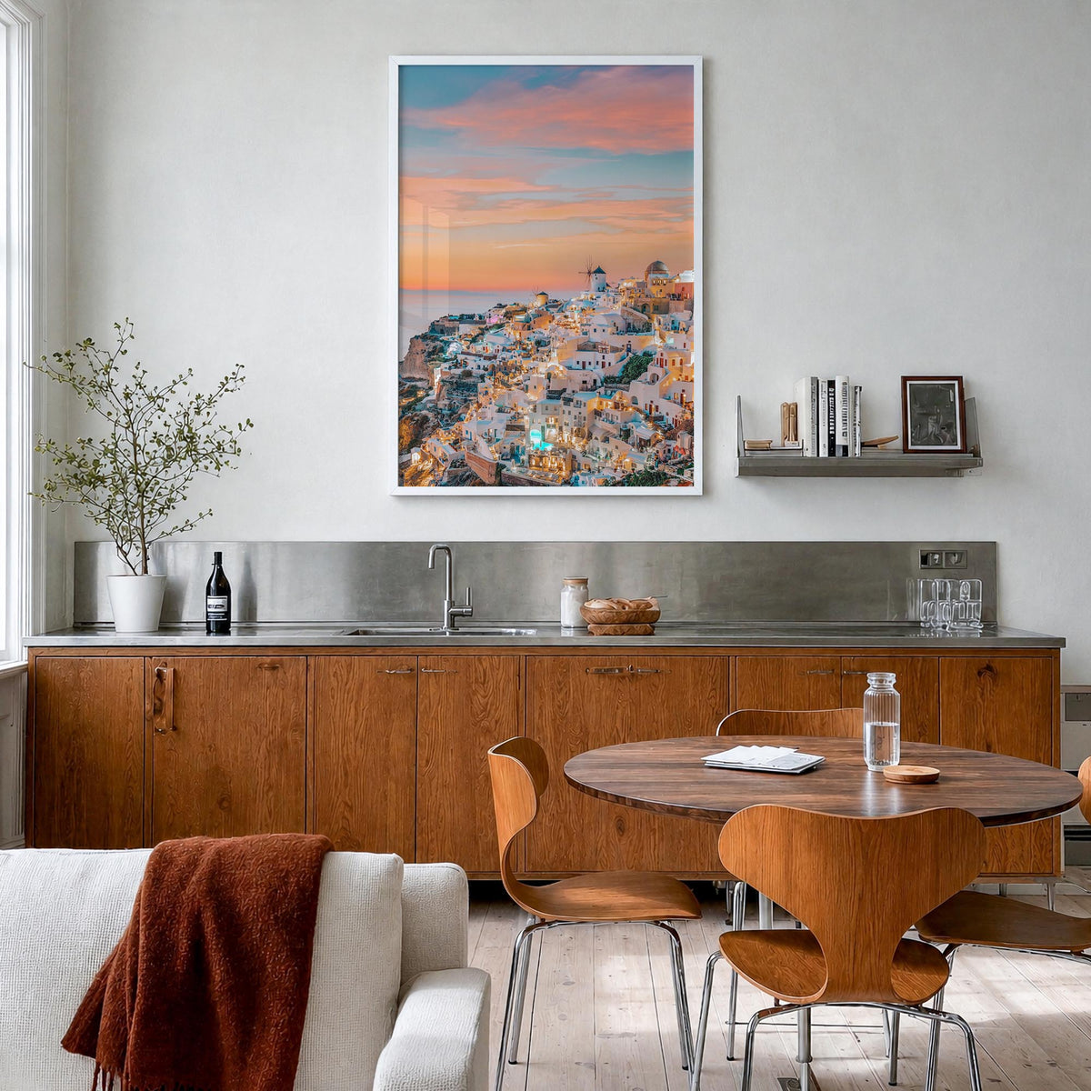 Greece no. 1 colorful photo poster of Europe – vertical wall art in white wood frame, hanging on wall
