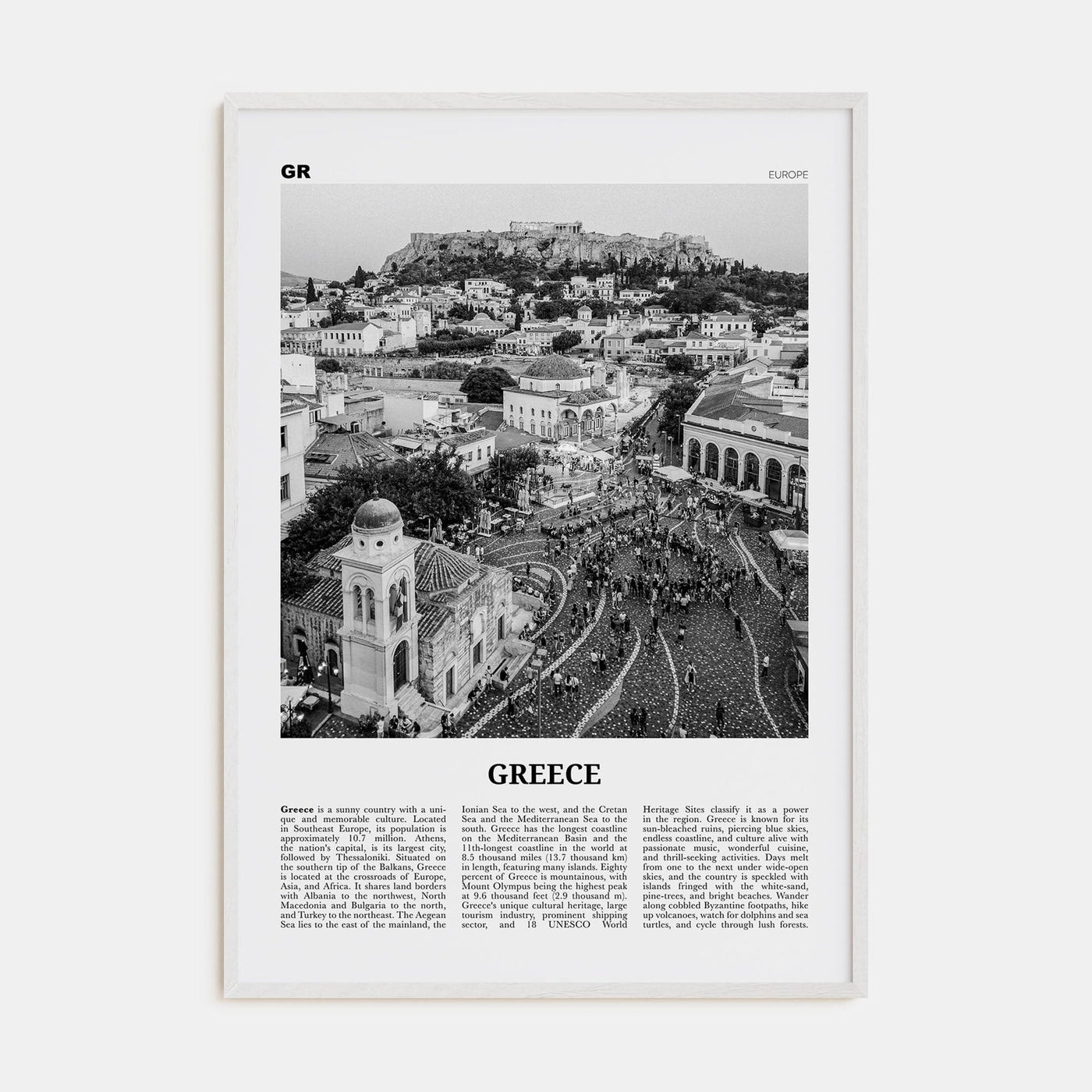 Greece No 1 Poster White Wood / 8x12 in Nbourhood Travel B&W Poster