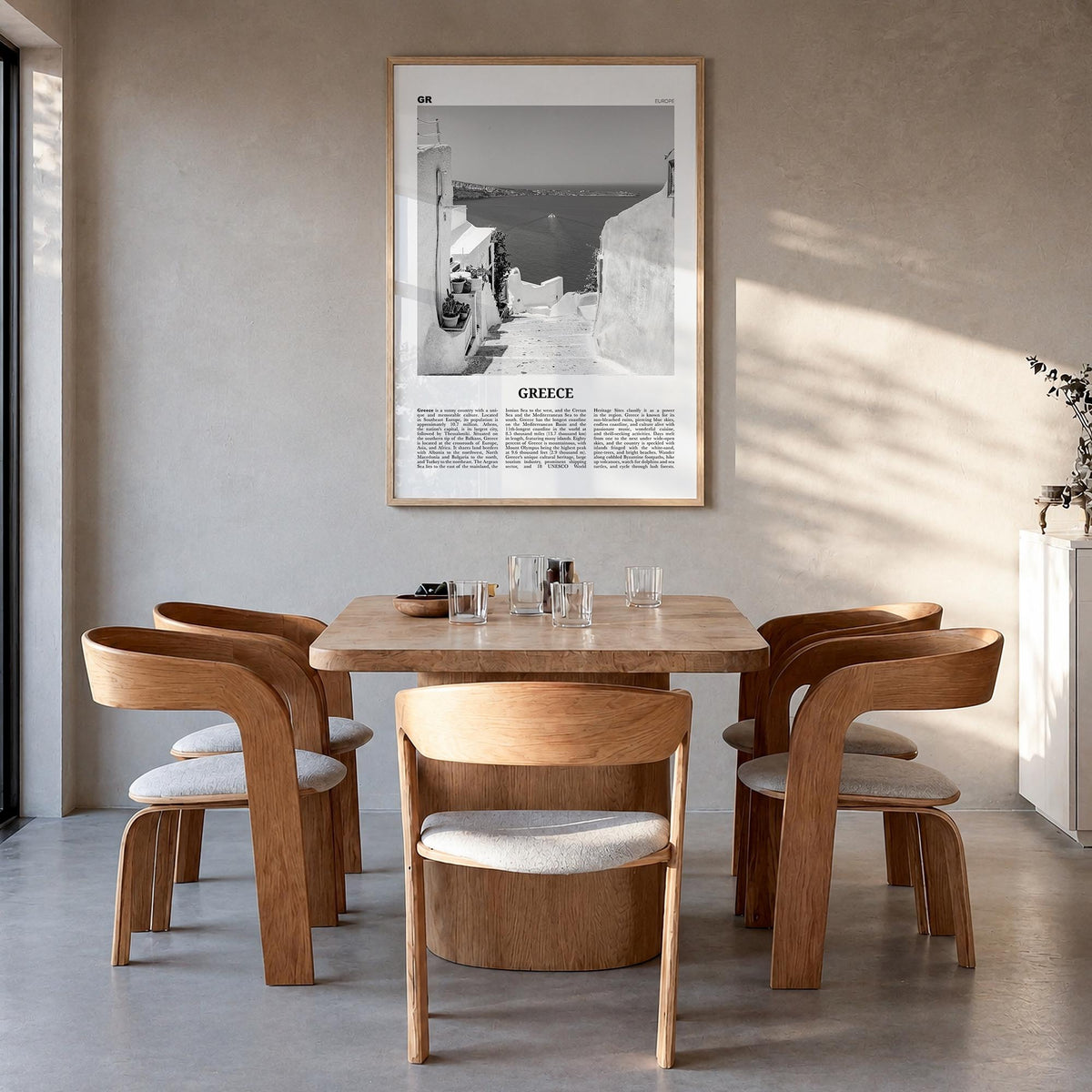 Greece no. 2 black & white newspaper poster of Europe – vertical wall art in natural wood frame, hanging on wall
