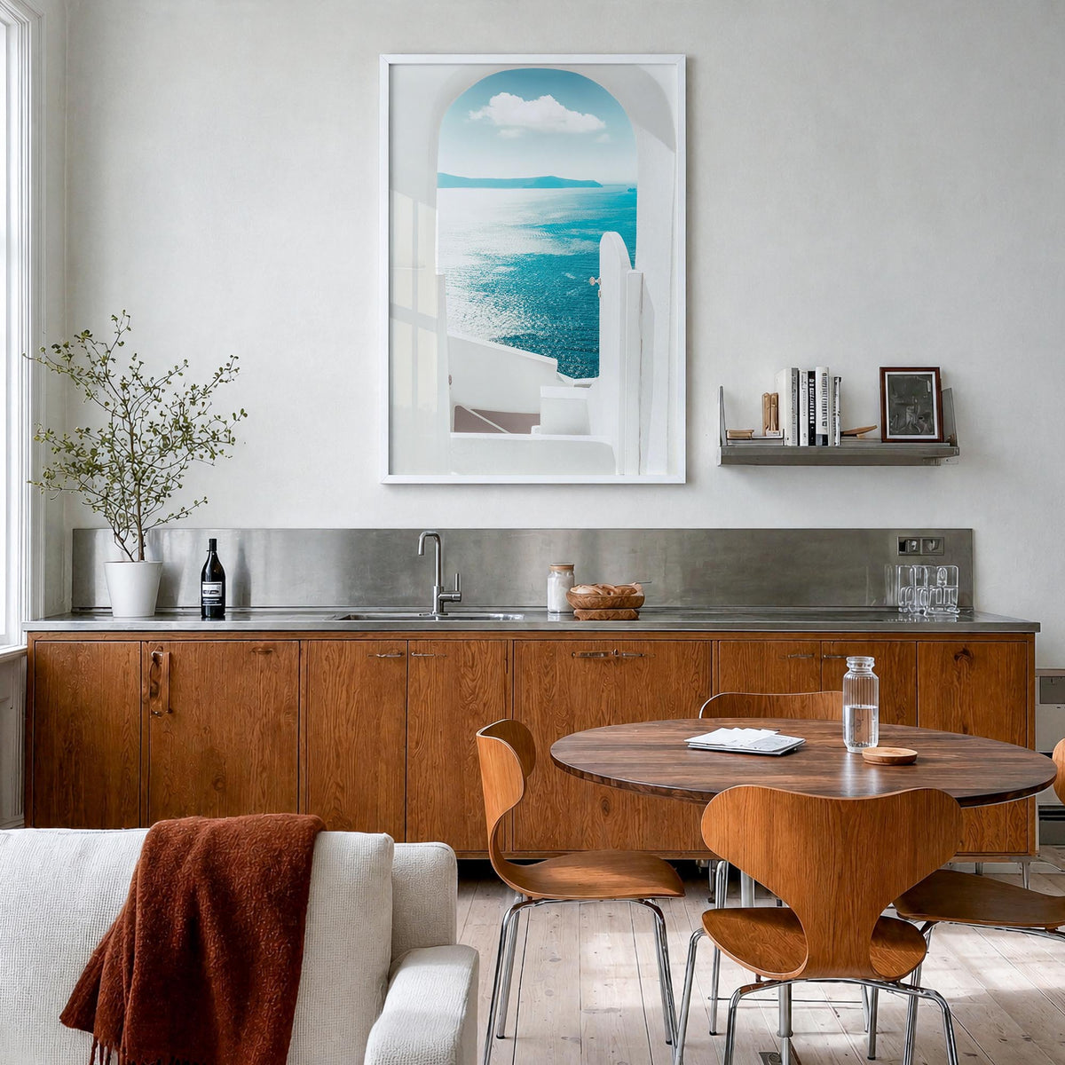 Greece no. 2 colorful photo poster of Europe – vertical wall art in white wood frame, hanging on wall