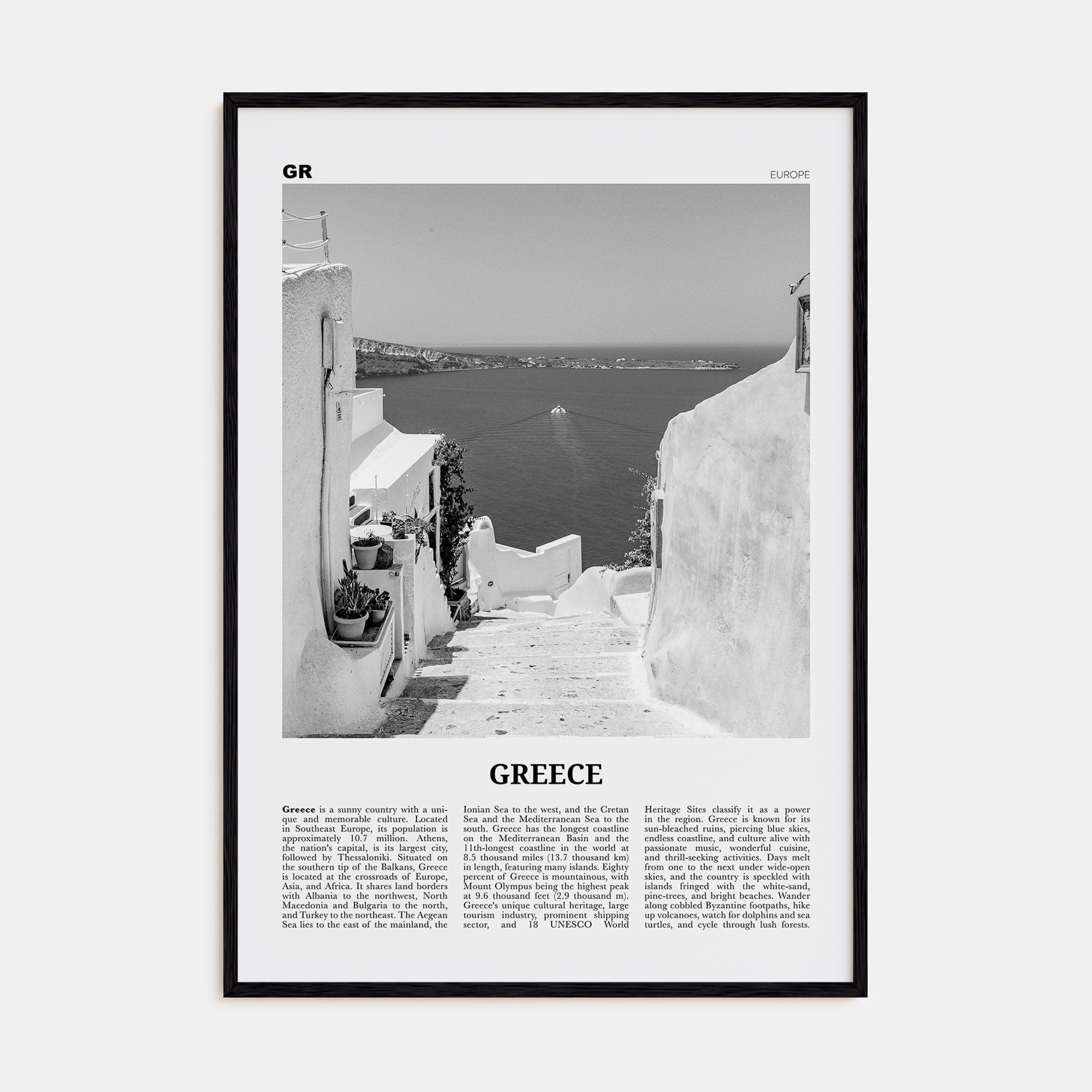 Greece No 2 Poster Black Wood / 8x12 in Nbourhood Travel B&W Poster