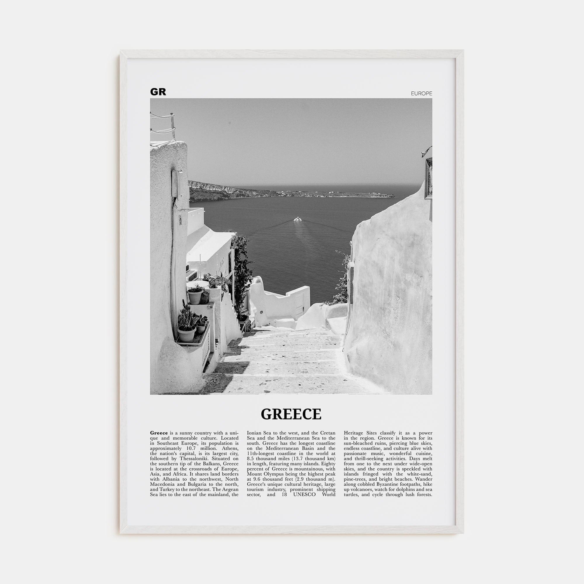 Greece No 2 Poster White Wood / 8x12 in Nbourhood Travel B&W Poster