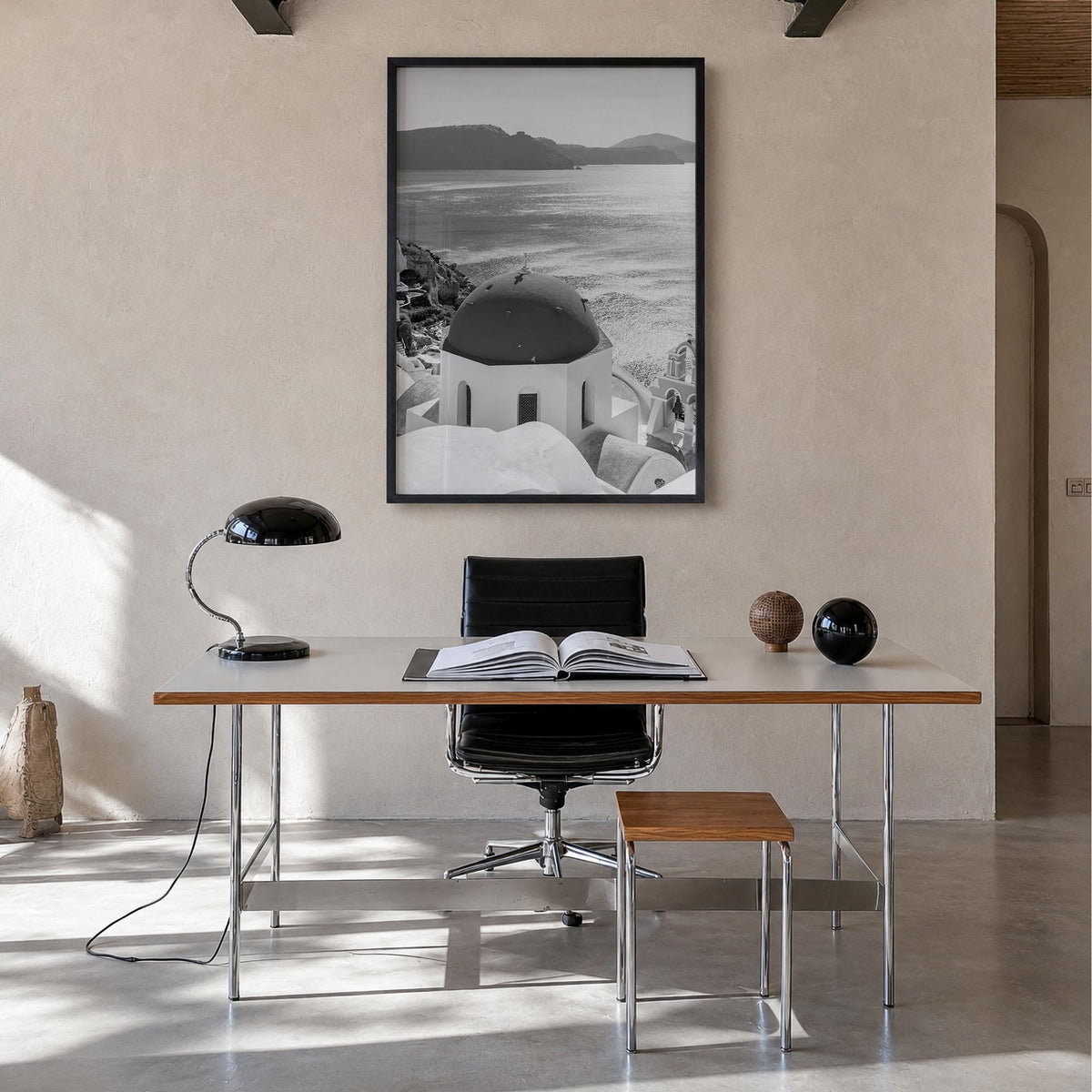 Greece no. 3 black & white photo poster of Europe – vertical wall art in black wood frame, hanging on wall