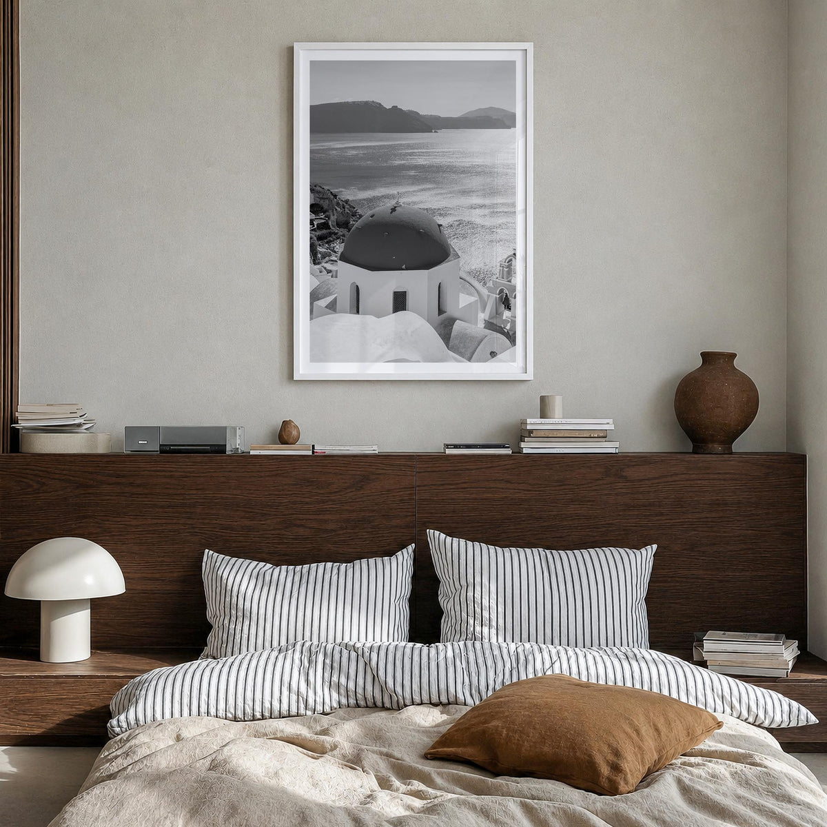 Greece no. 3 black & white photo poster of Europe – vertical wall art in white wood frame with white border, hanging on wall