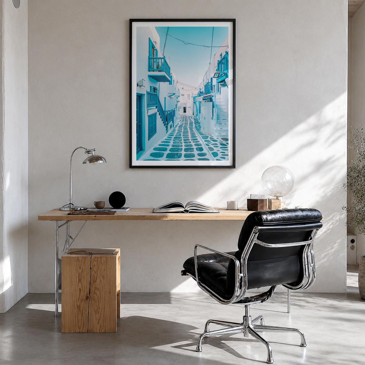 Greece no. 3 colorful photo poster of Europe – vertical wall art in black wood frame with white border, hanging on wall