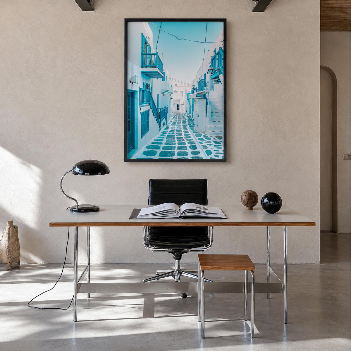 Greece no. 3 colorful photo poster of Europe – vertical wall art in black wood frame, hanging on wall