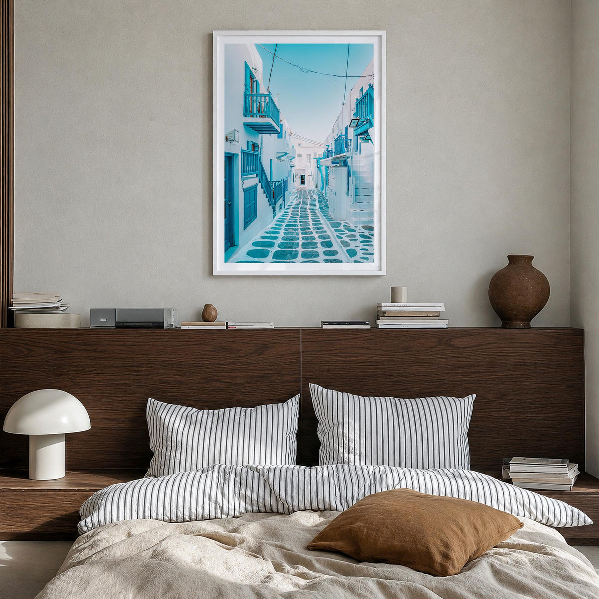 Greece no. 3 colorful photo poster of Europe – vertical wall art in white wood frame with white border, hanging on wall
