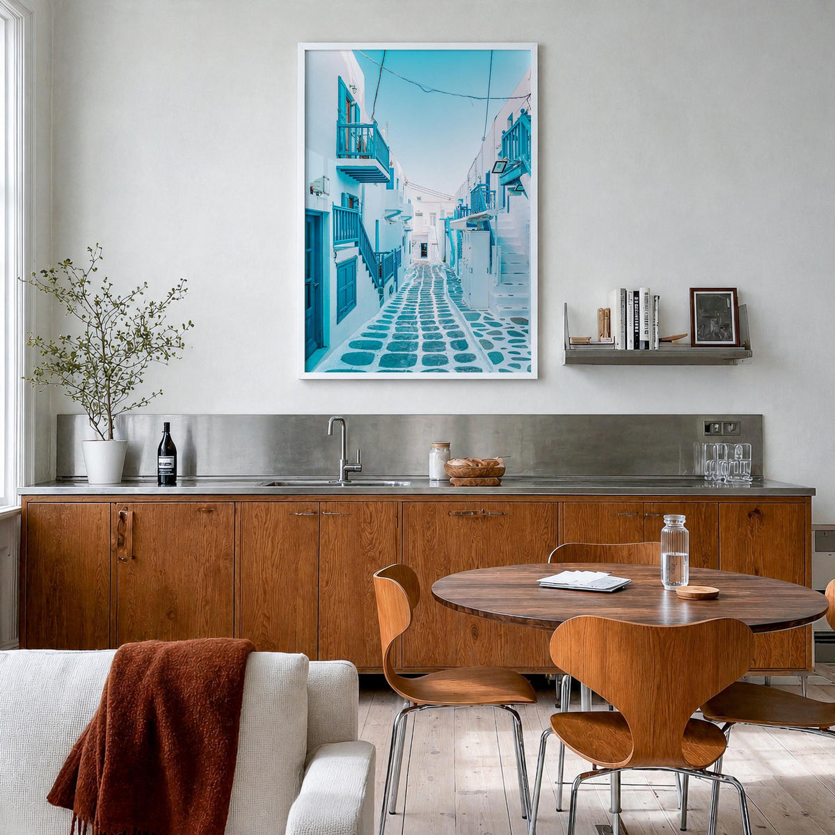 Greece no. 3 colorful photo poster of Europe – vertical wall art in white wood frame, hanging on wall