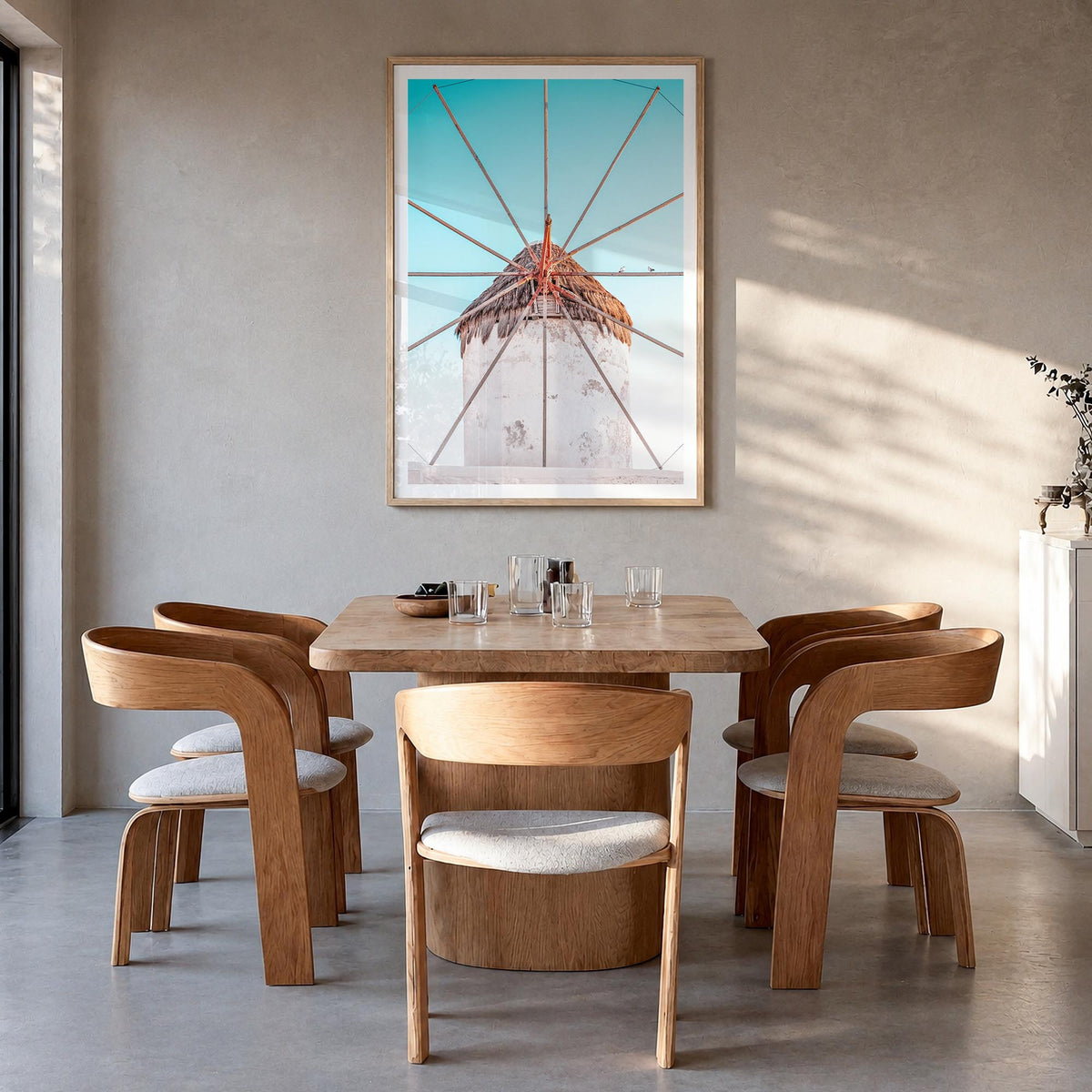 Greece no. 4 colorful photo poster of Europe – vertical wall art in natural wood frame with white border, hanging on wall