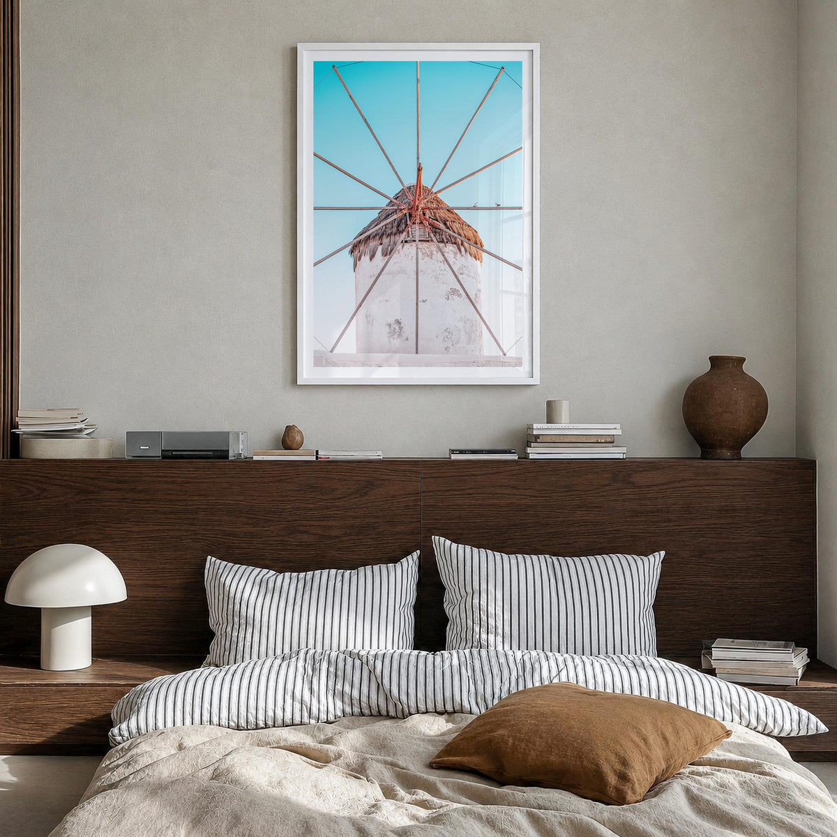 Greece no. 4 colorful photo poster of Europe – vertical wall art in white wood frame with white border, hanging on wall