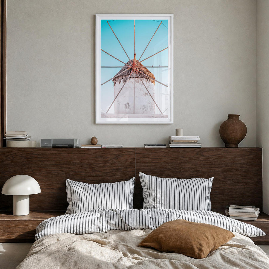 Greece no. 4 colorful photo poster of Europe – vertical wall art in white wood frame with white border, hanging on wall