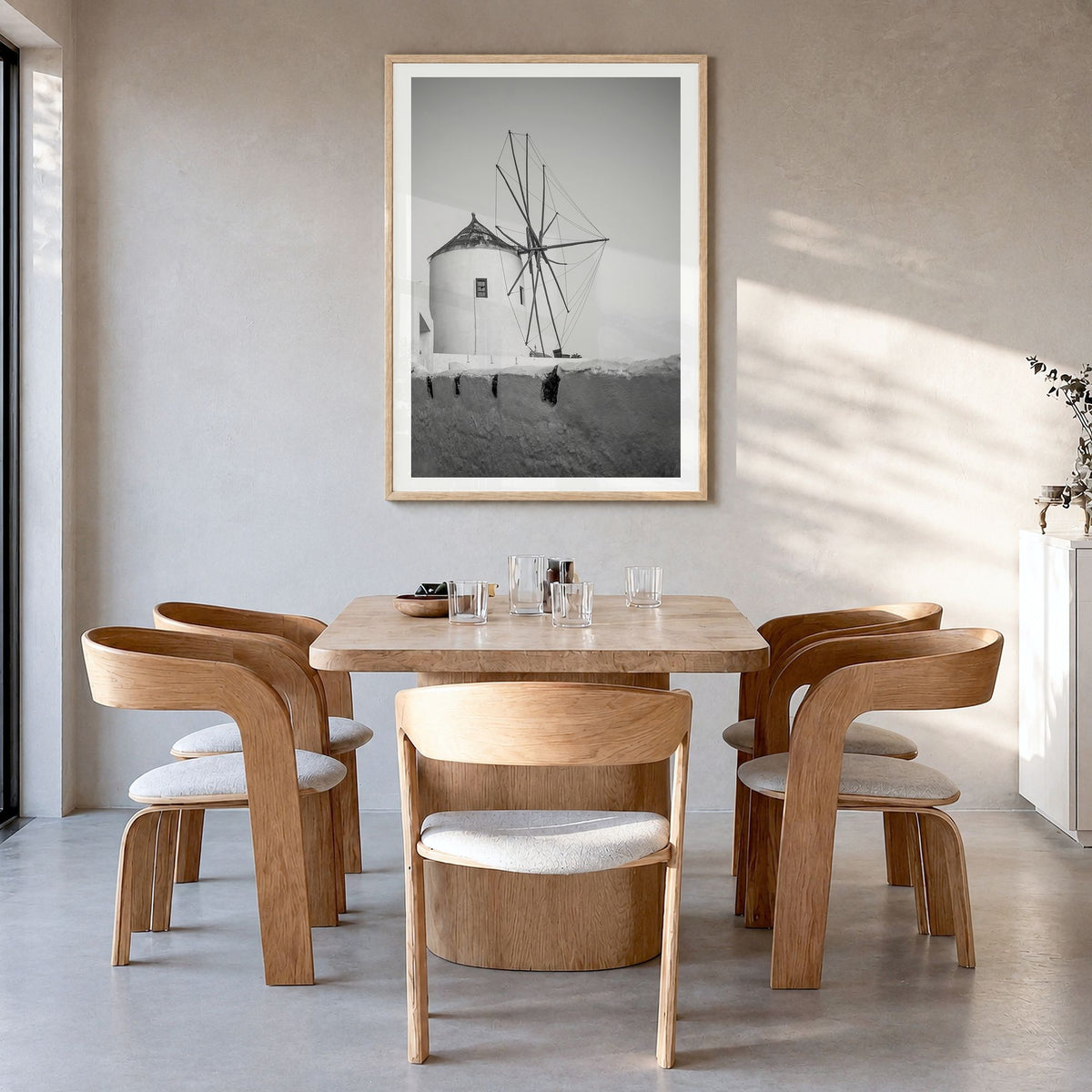 Greece Photo No 1 Poster in a natural wood frame, hanging in a dining room, white border