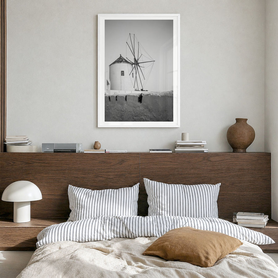 Greece Photo No 1 Poster in a white wood frame, hanging in a bedroom, white border
