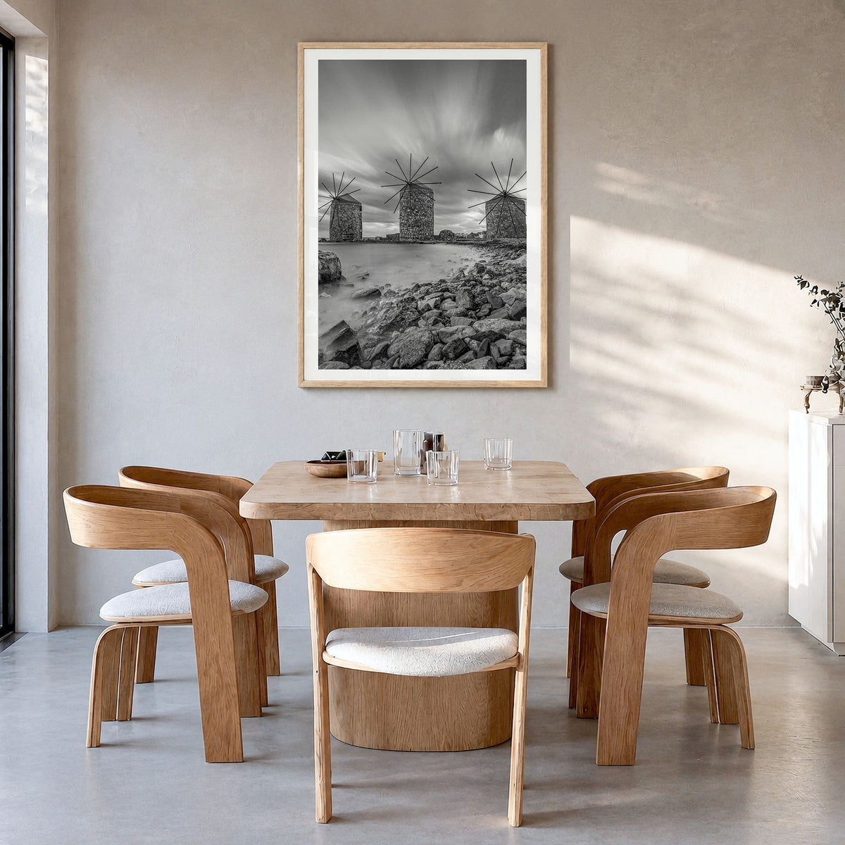 Greece Photo No 2 Poster in a natural wood frame, hanging in a dining room, white border