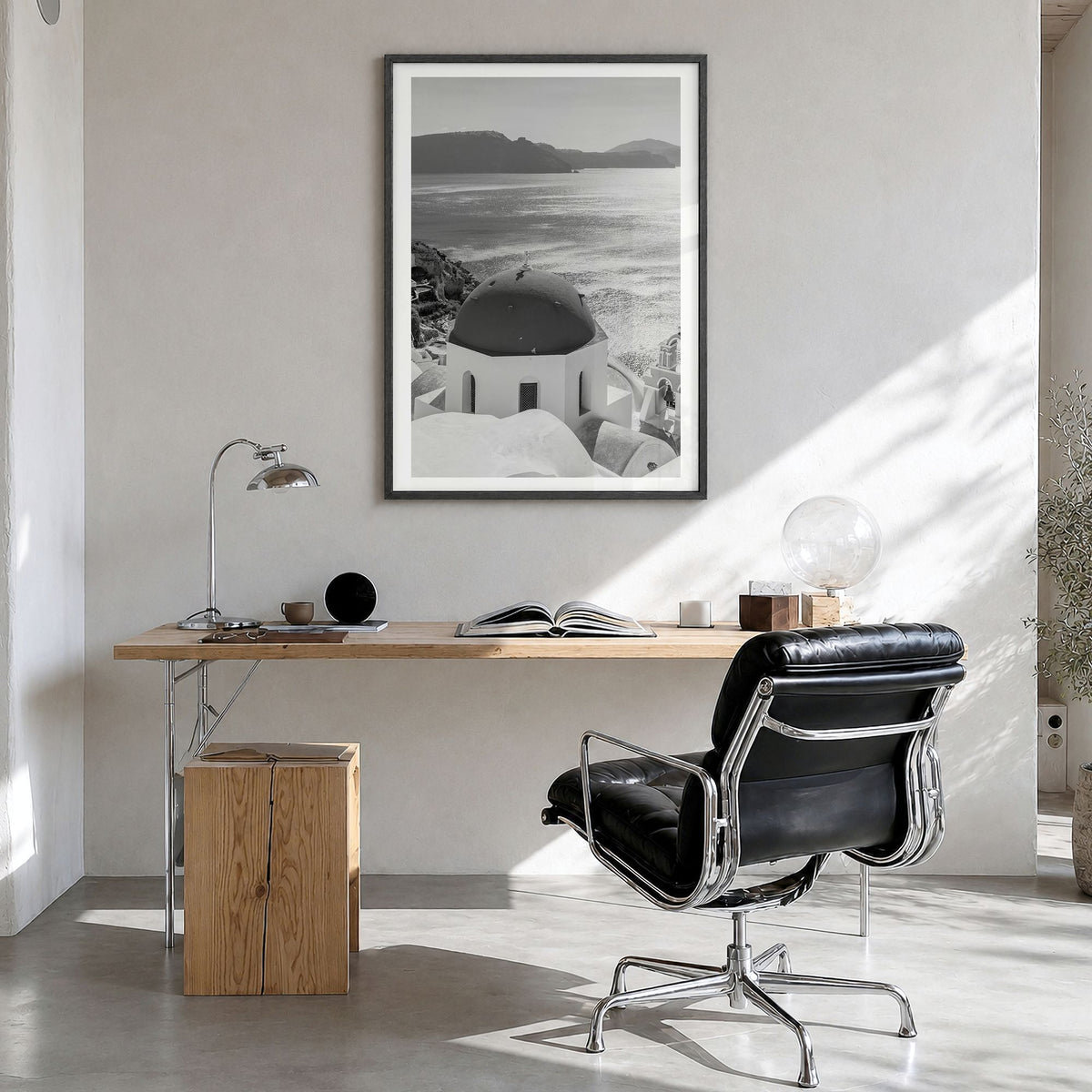Greece Photo No 3 Poster in a black wood frame, hanging in a bright home office, white border