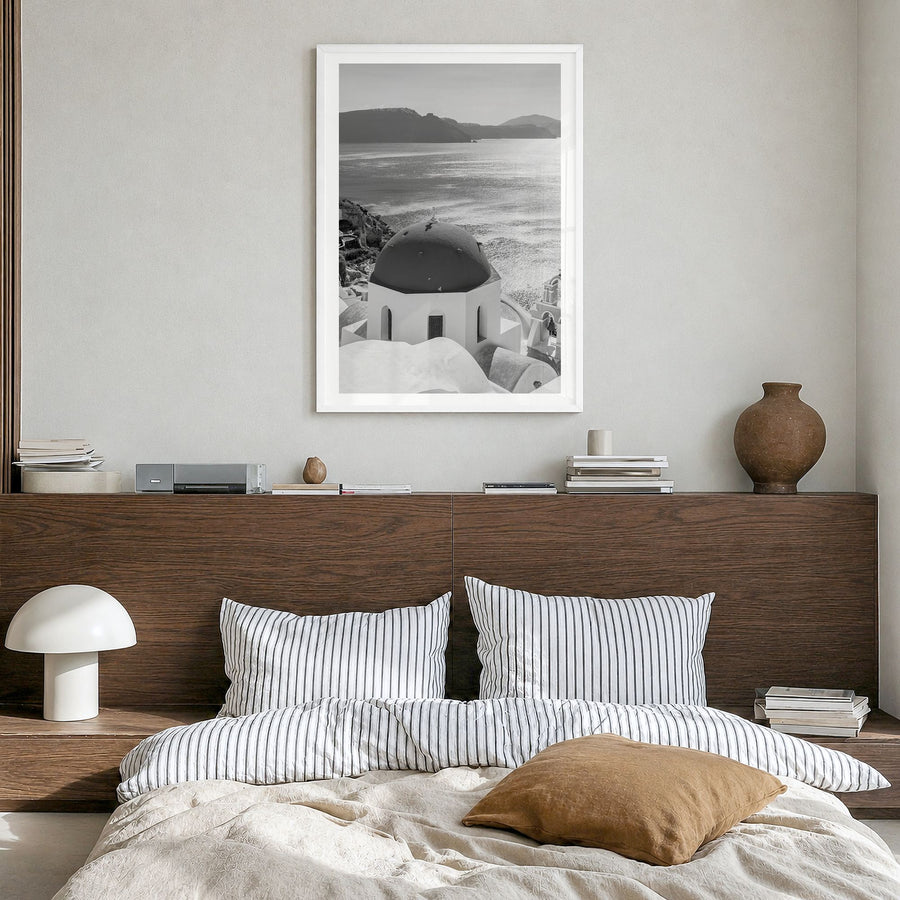 Greece Photo No 3 Poster in a white wood frame, hanging in a bedroom, white border