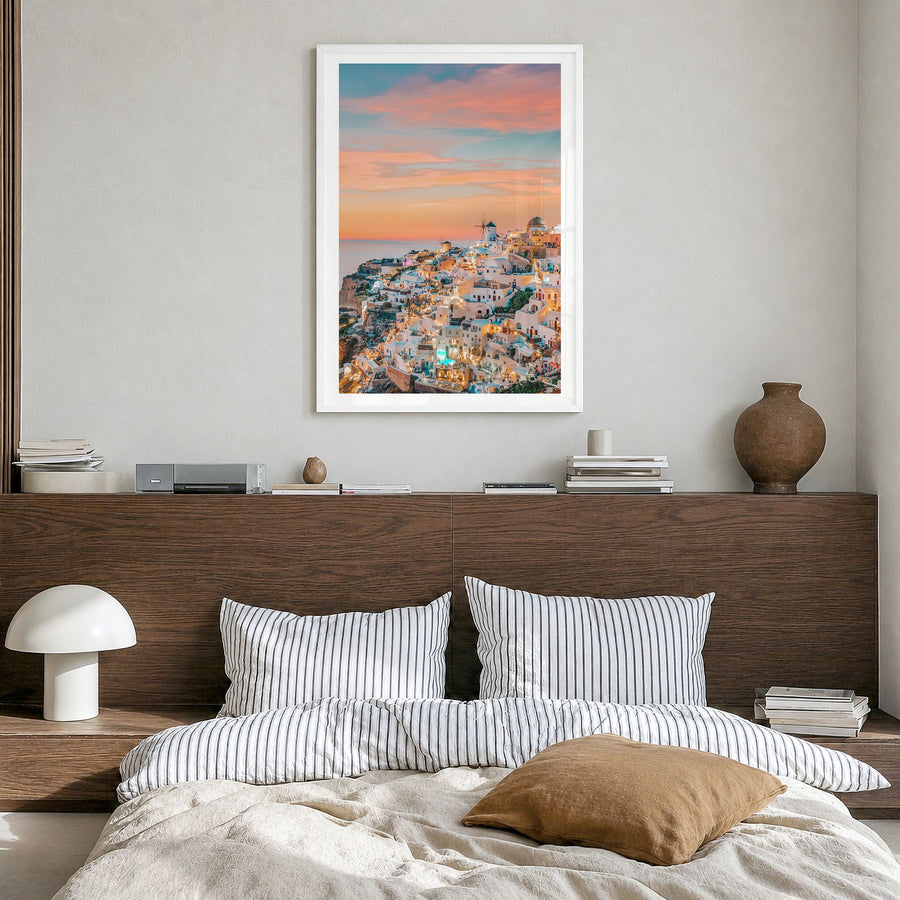 Greece Photo No 1 Poster in a white wood frame, hanging in a bedroom, white border