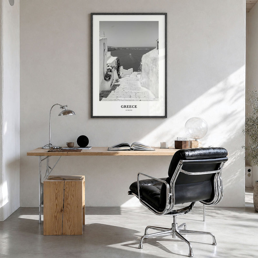 Greece Classic No 2 Poster in a black wood frame, hanging in a bright home office