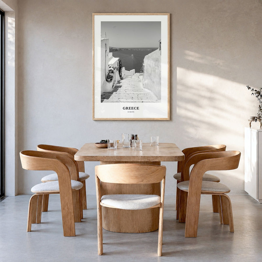 Greece Classic No 2 Poster in a natural wood frame, hanging in a dining room