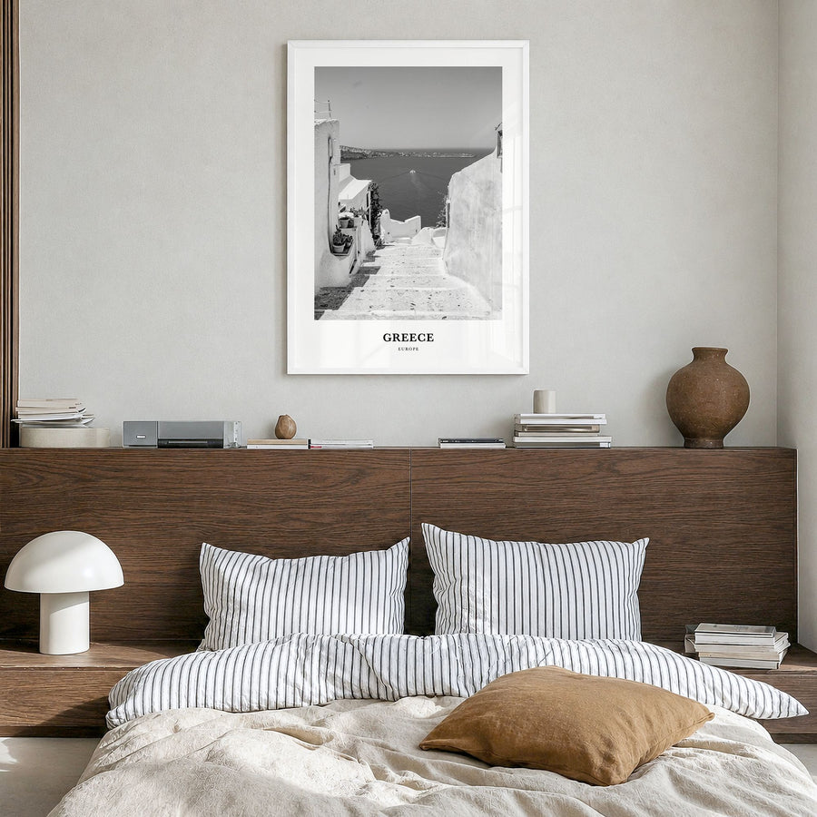 Greece Classic No 2 Poster in a white wood frame, hanging in a bedroom