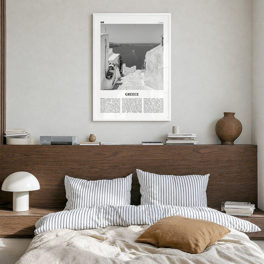 Greece Newspaper No 2 Poster in a white wood frame, hanging in a bedroom