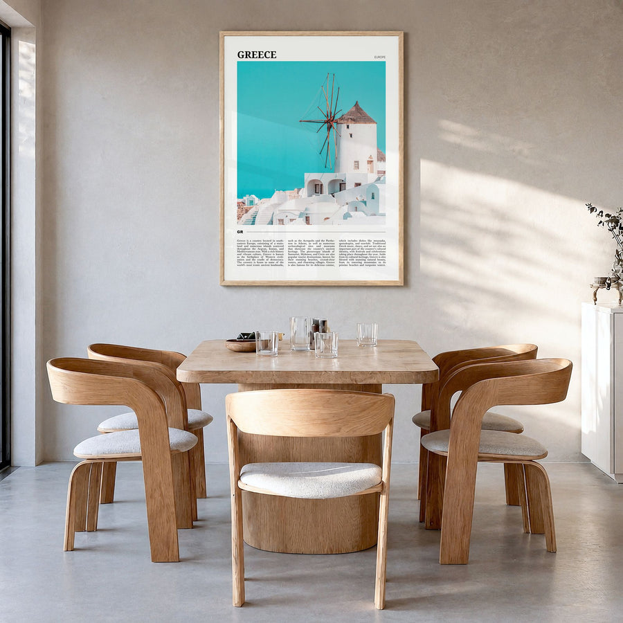 Greece Travel Poster in a natural wood frame, hanging in a dining room
