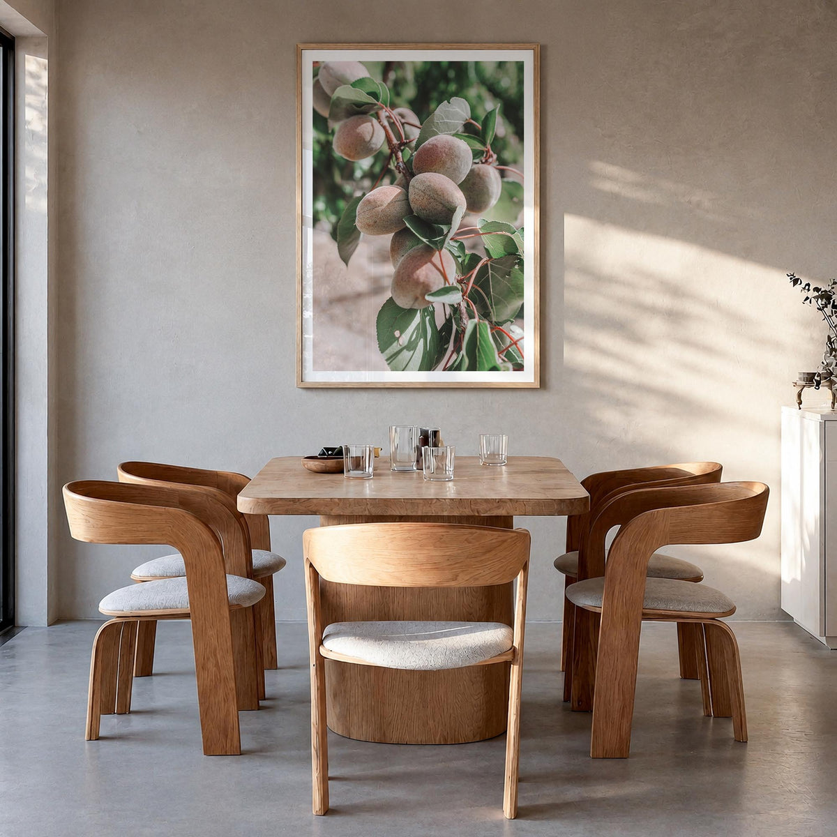 Green Apricots Tree colorful photo poster – vertical wall art in natural wood frame with white border, hanging on wall