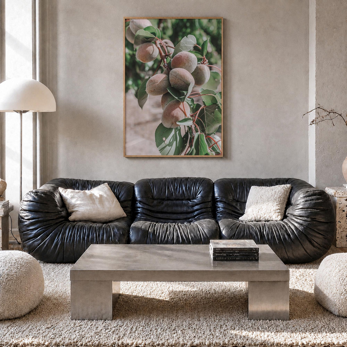 Green Apricots Tree colorful photo poster – vertical wall art in natural wood frame, hanging on wall