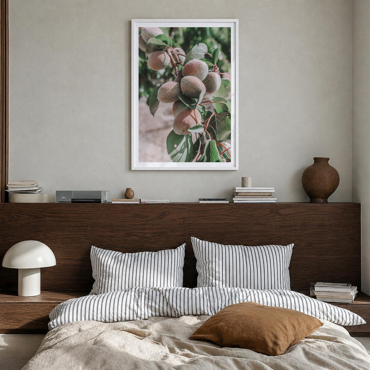Green Apricots Tree colorful photo poster – vertical wall art in white wood frame with white border, hanging on wall