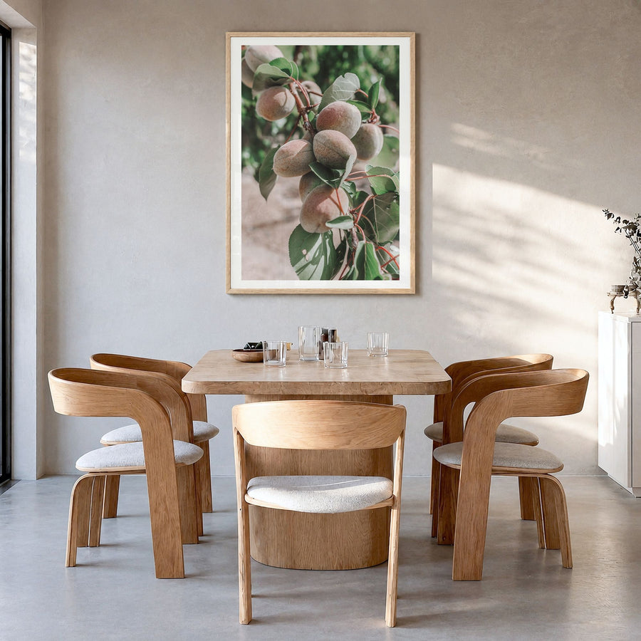 Green Apricot Tree Photo Poster in a natural wood frame, hanging in a dining room, white border