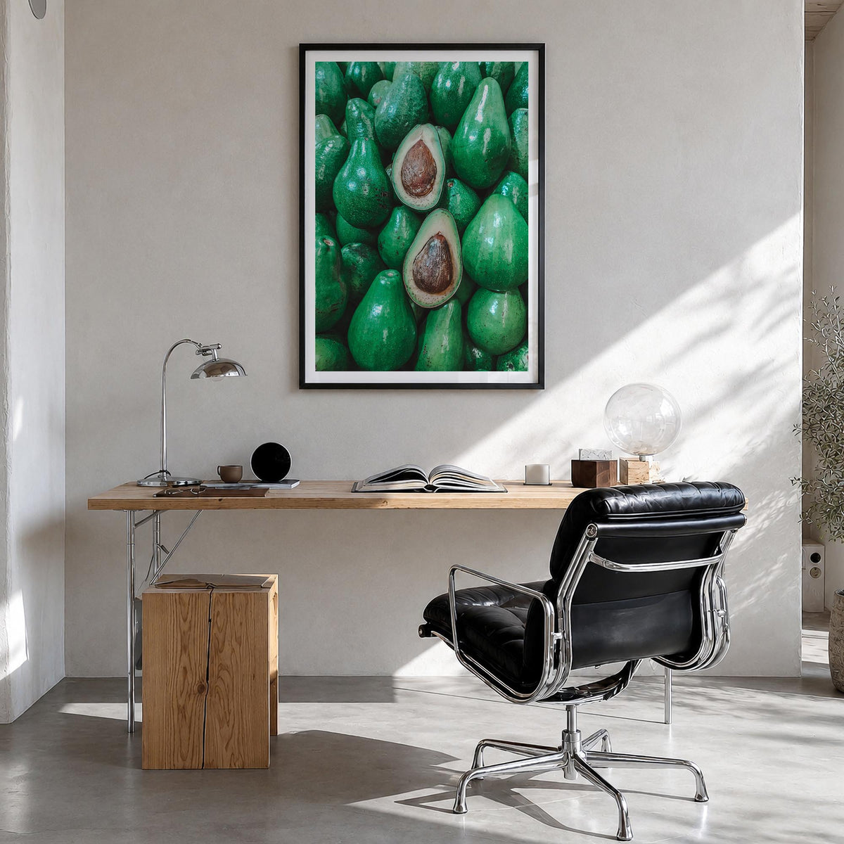 Green Avocados colorful photo poster – vertical wall art in black wood frame with white border, hanging on wall