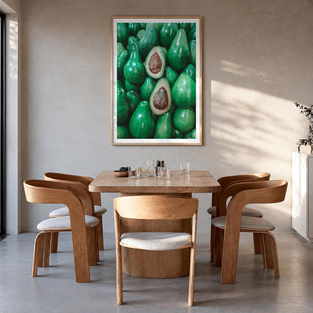 Green Avocados colorful photo poster – vertical wall art in natural wood frame with white border, hanging on wall