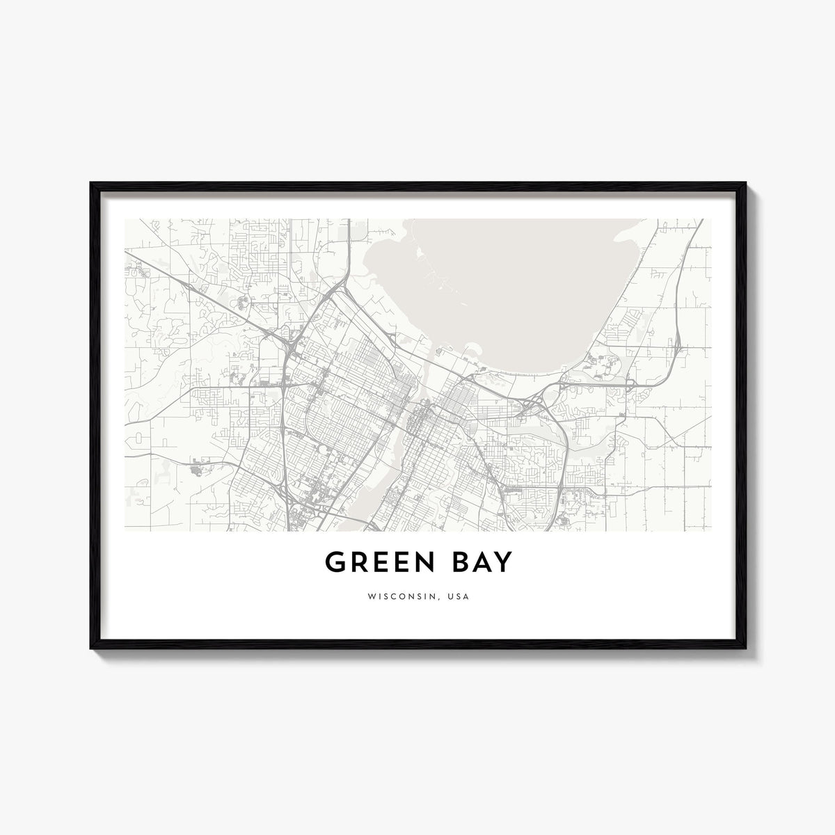 Green Bay black & white map poster of Wisconsin, USA – horizontal wall art, unframed print shown in interior mockup