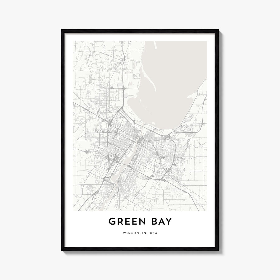 Green Bay black & white map poster of Wisconsin, USA – vertical wall art, unframed print shown in interior mockup