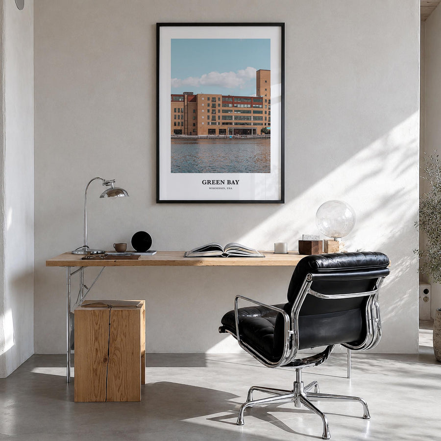 Green Bay colorful classic poster of Wisconsin, USA – vertical wall art in black wood frame, hanging on wall