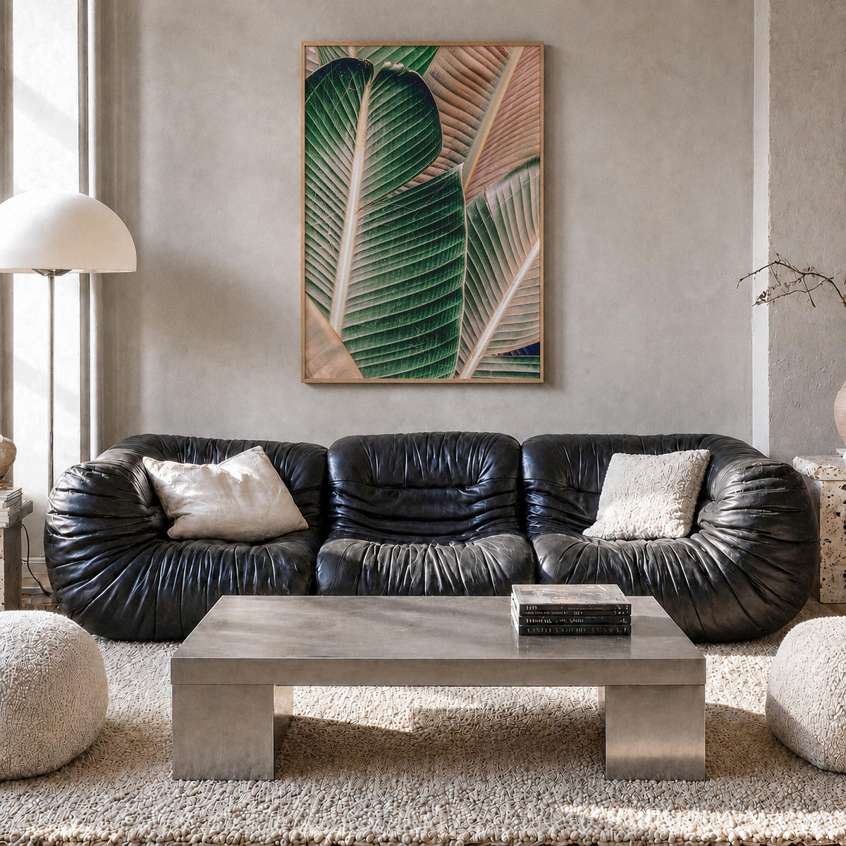 Green Palm Leaf colorful photo poster – vertical wall art in natural wood frame, hanging on wall