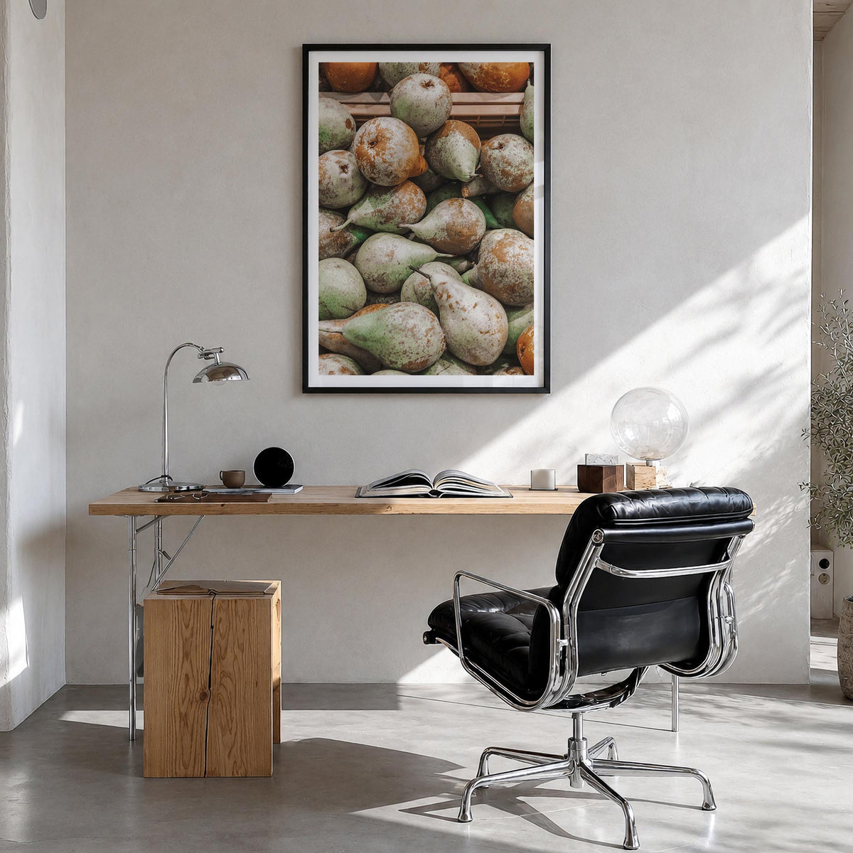 Green Pears colorful photo poster – vertical wall art in black wood frame with white border, hanging on wall