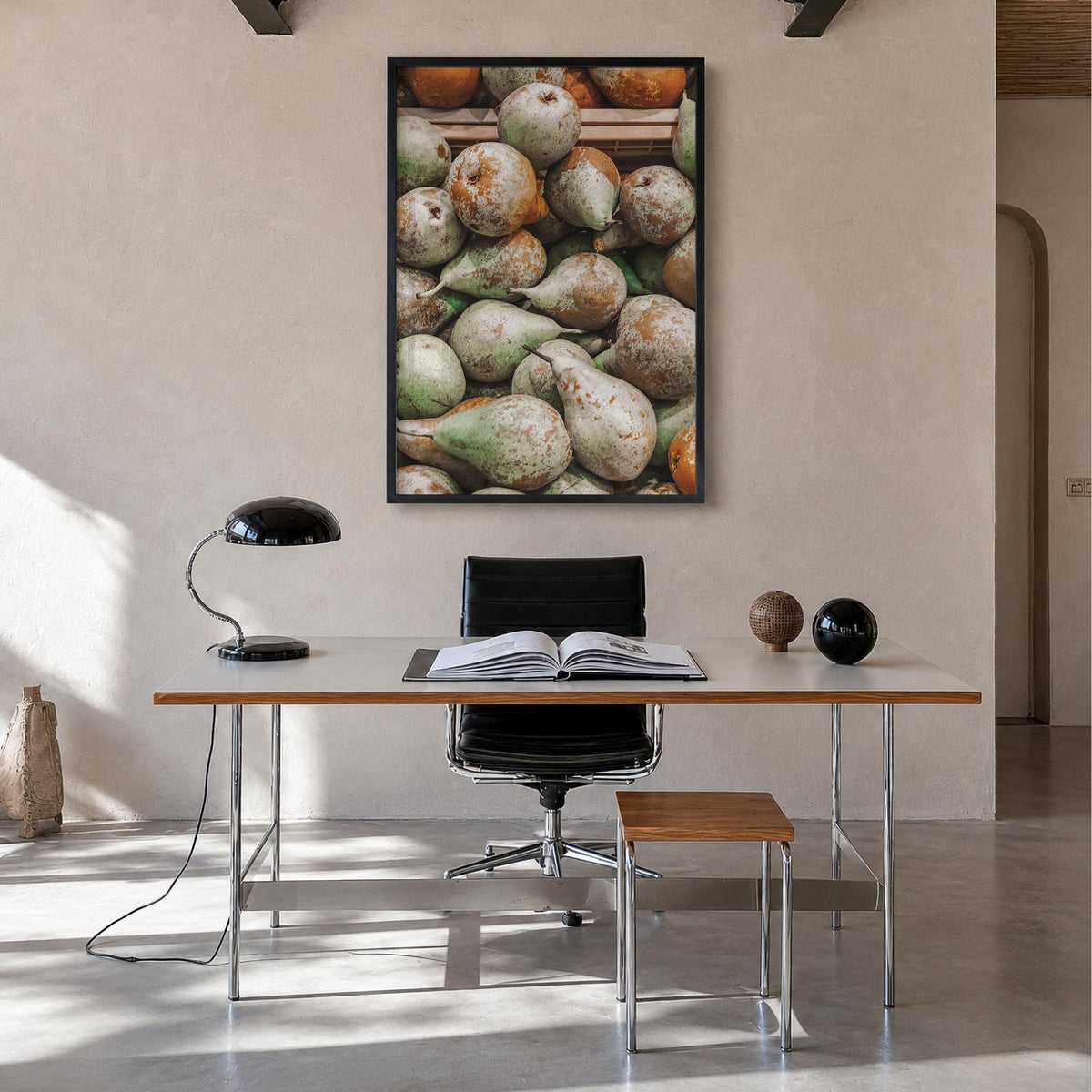 Green Pears colorful photo poster – vertical wall art in black wood frame, hanging on wall